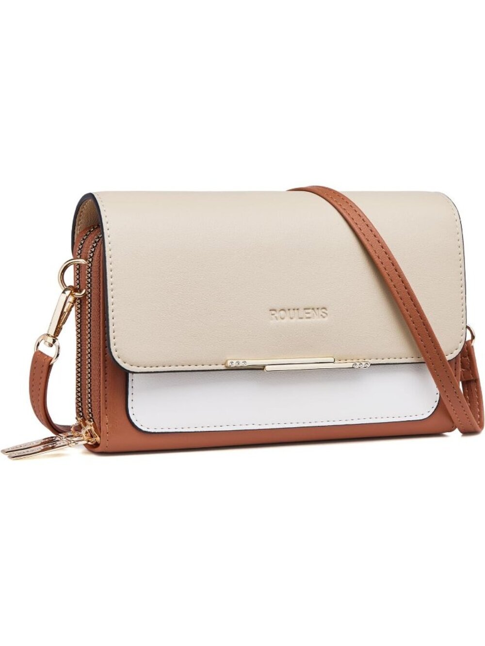 Women's Beige/Brown Leather Crossbody Bag Cell Phone Wallet Shoulder Purse